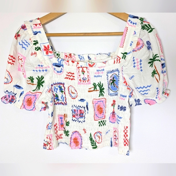 Monteau Tops - Monteau New Lined Blend Cropped Top Short Sleeve Size L Tropical Fun Hippie Boho
